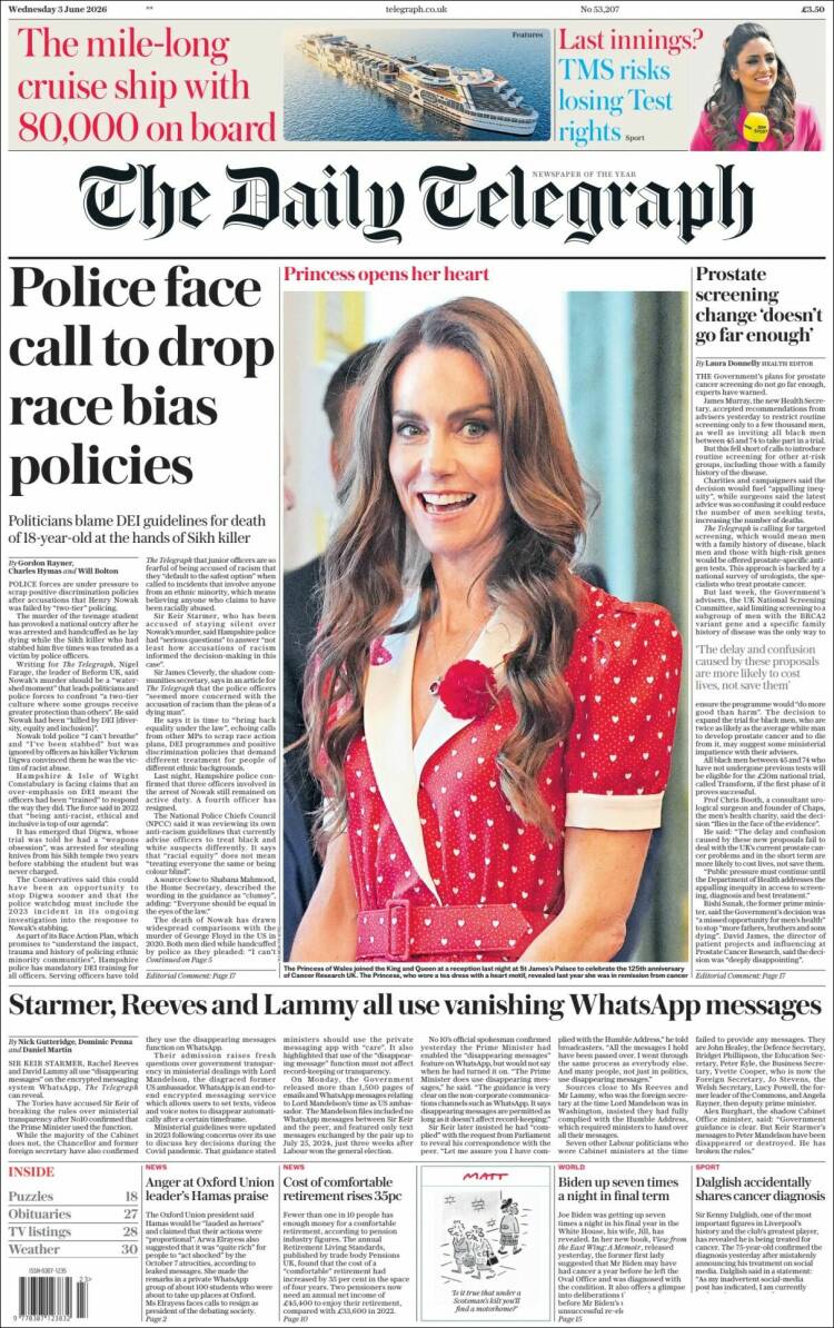 Portada de Daily Telegraph (Reino Unido)