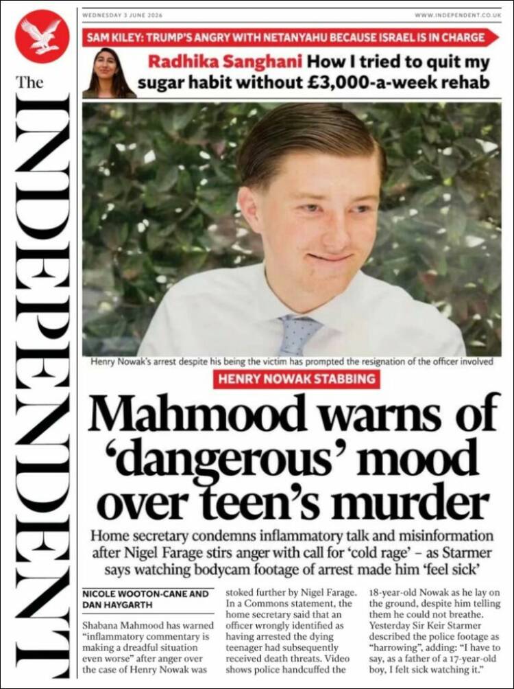 Portada de The Independent (Reino Unido)