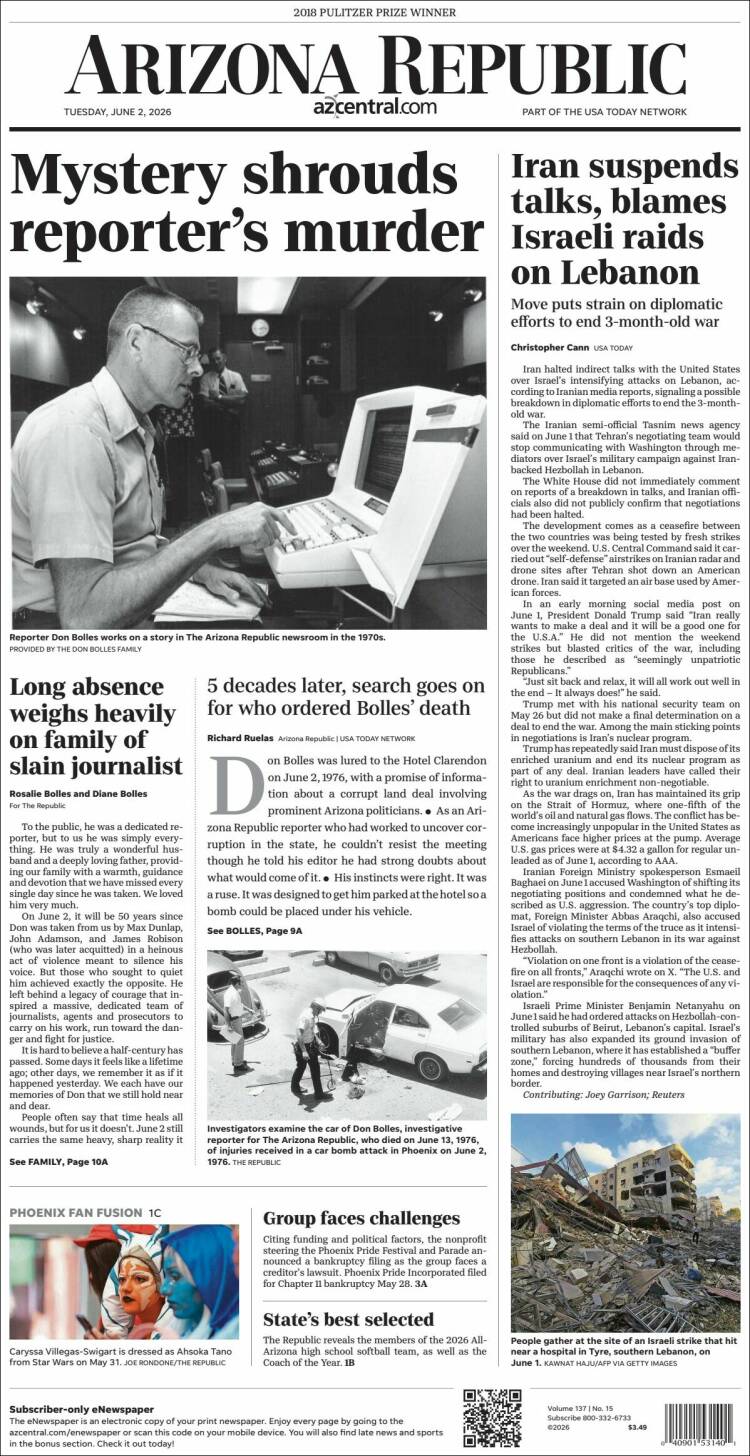 Portada de Arizona Republic News (USA)