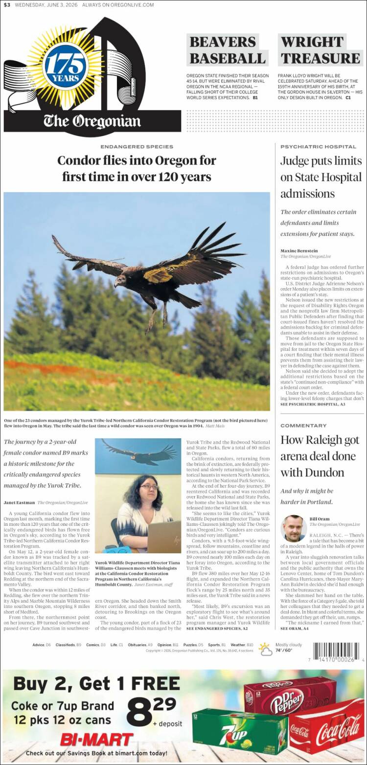 Portada de The Oregonian (USA)