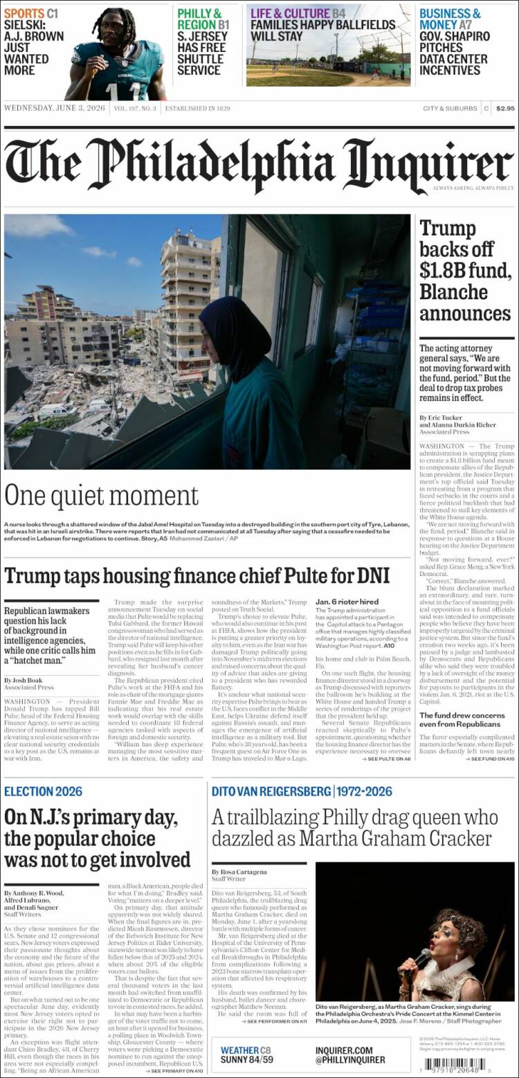 Portada de Philadelphia Inquirer (USA)