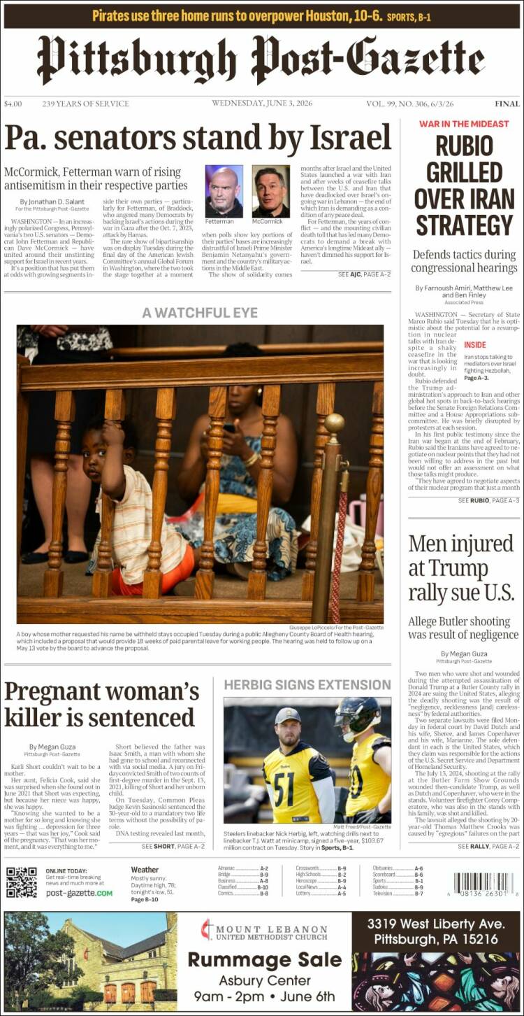 Portada de Pittsburgh Post-Gazette (USA)