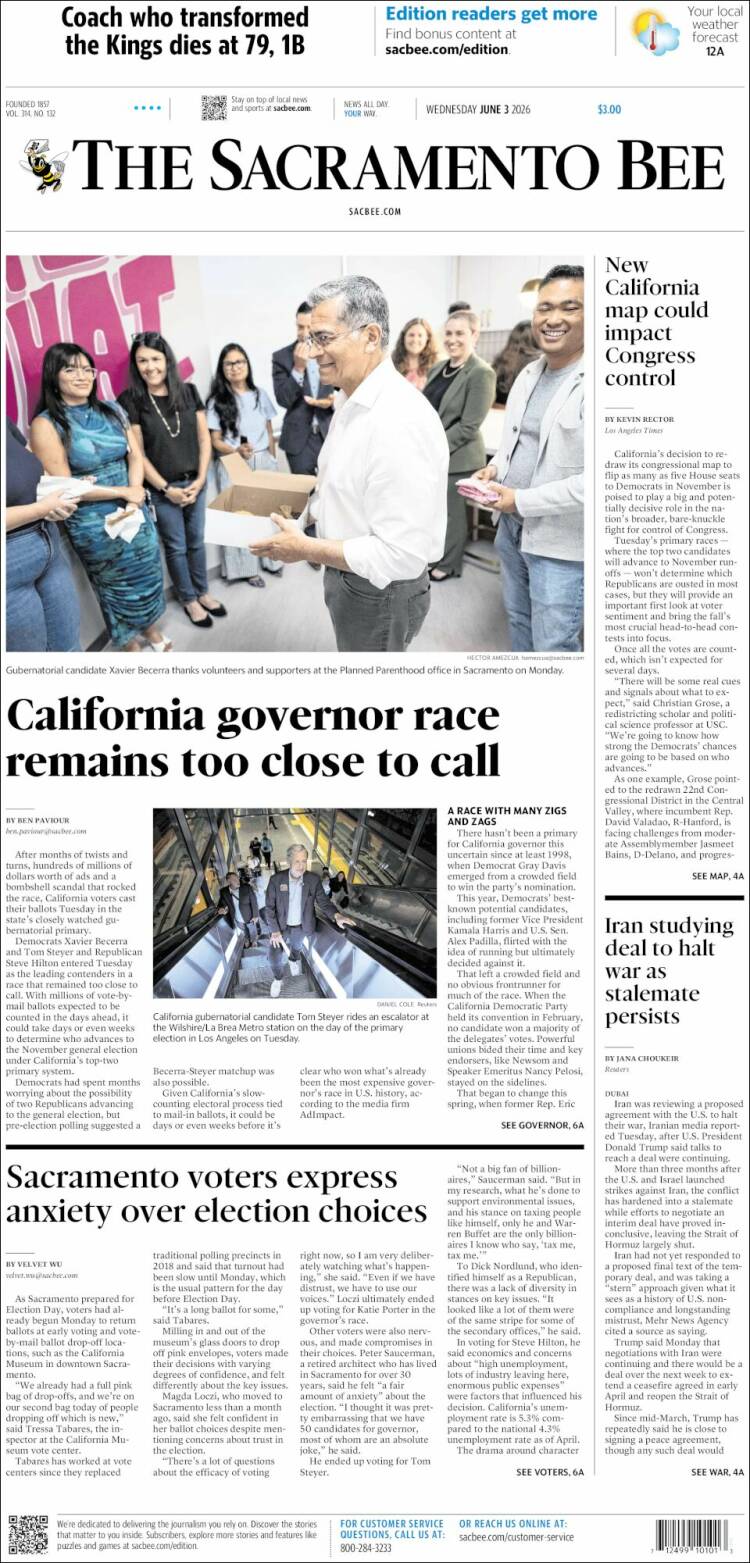 Portada de The Sacramento Bee (USA)