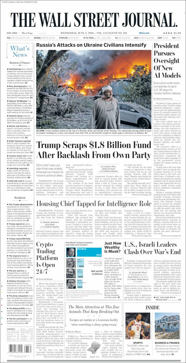 Portada de Wall Street Journal (USA)