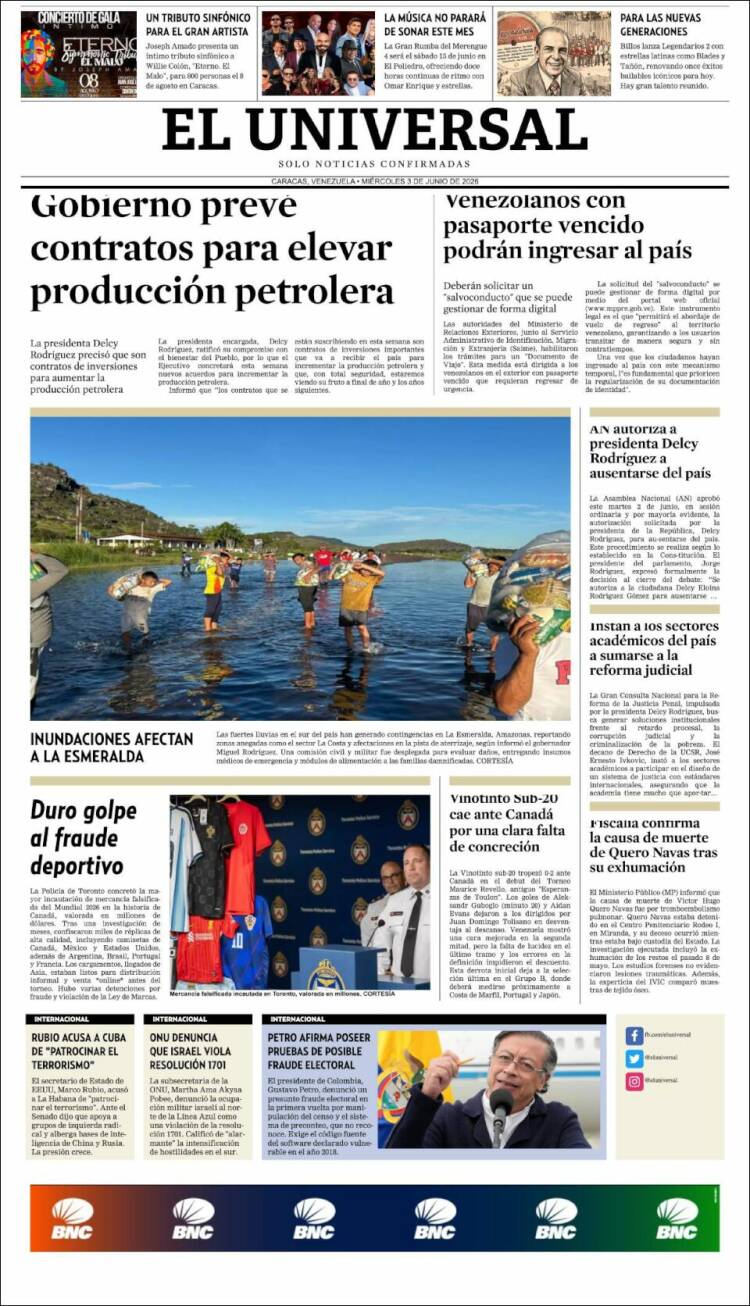 Portada de Universal (Venezuela)