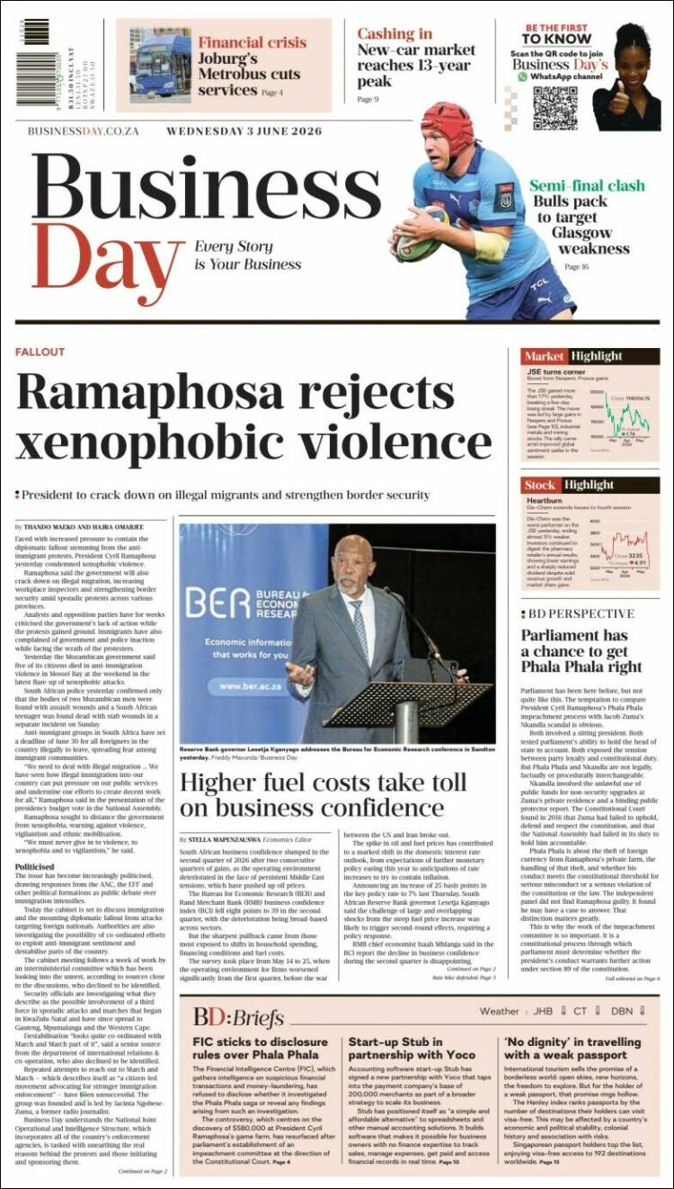 Portada de Business Day (Sud&aacute;frica)