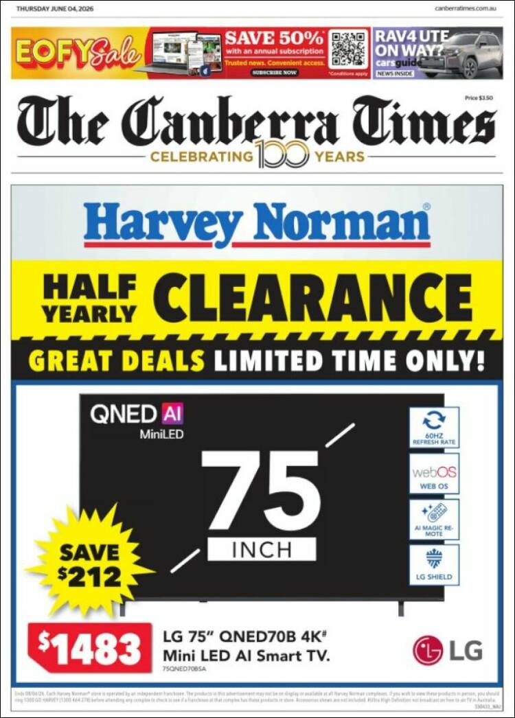 Portada de The Canberra Times (Australia)