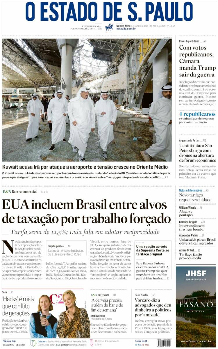 Portada de O Estado de São Paulo (Brasil)