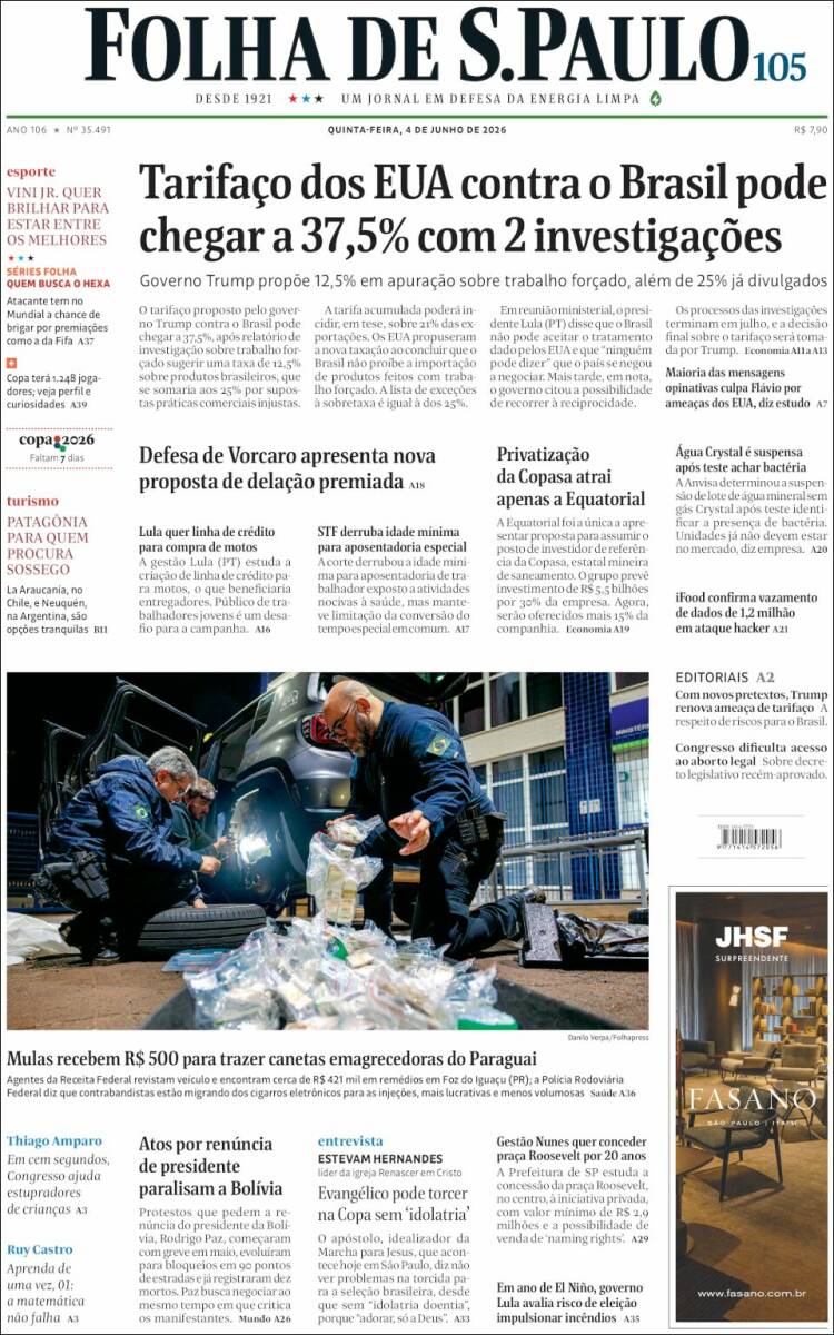Portada de Folha de São Paulo (Brasil)