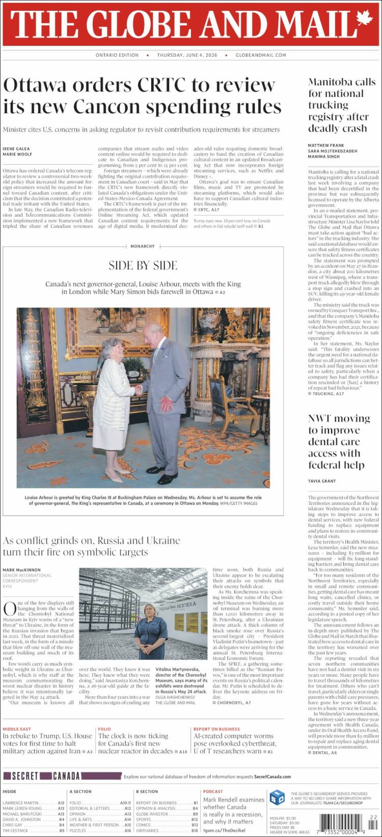 Portada de The Globe and Mail (Canad&aacute;)