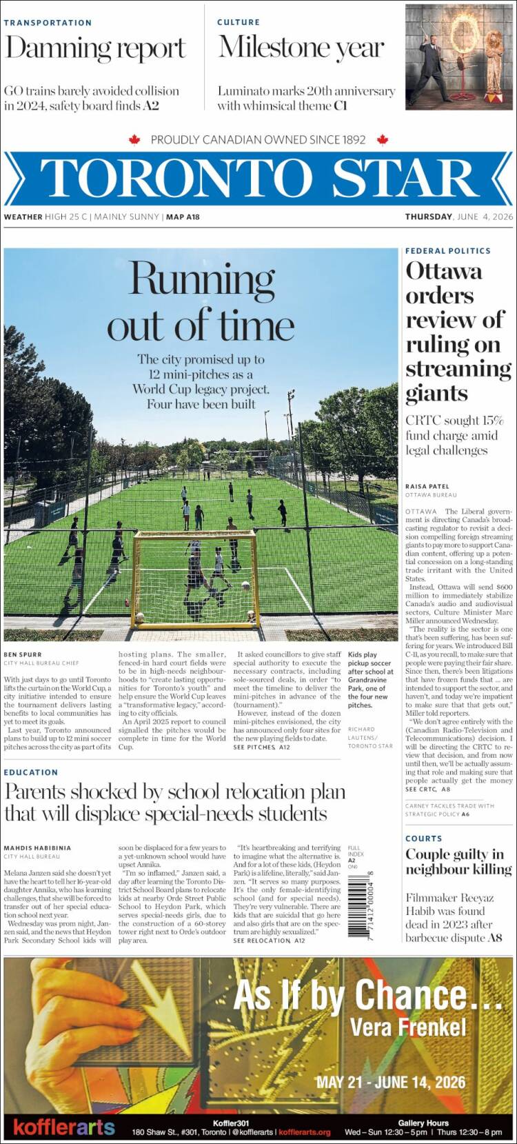 Portada de The Toronto Star (Canad&aacute;)