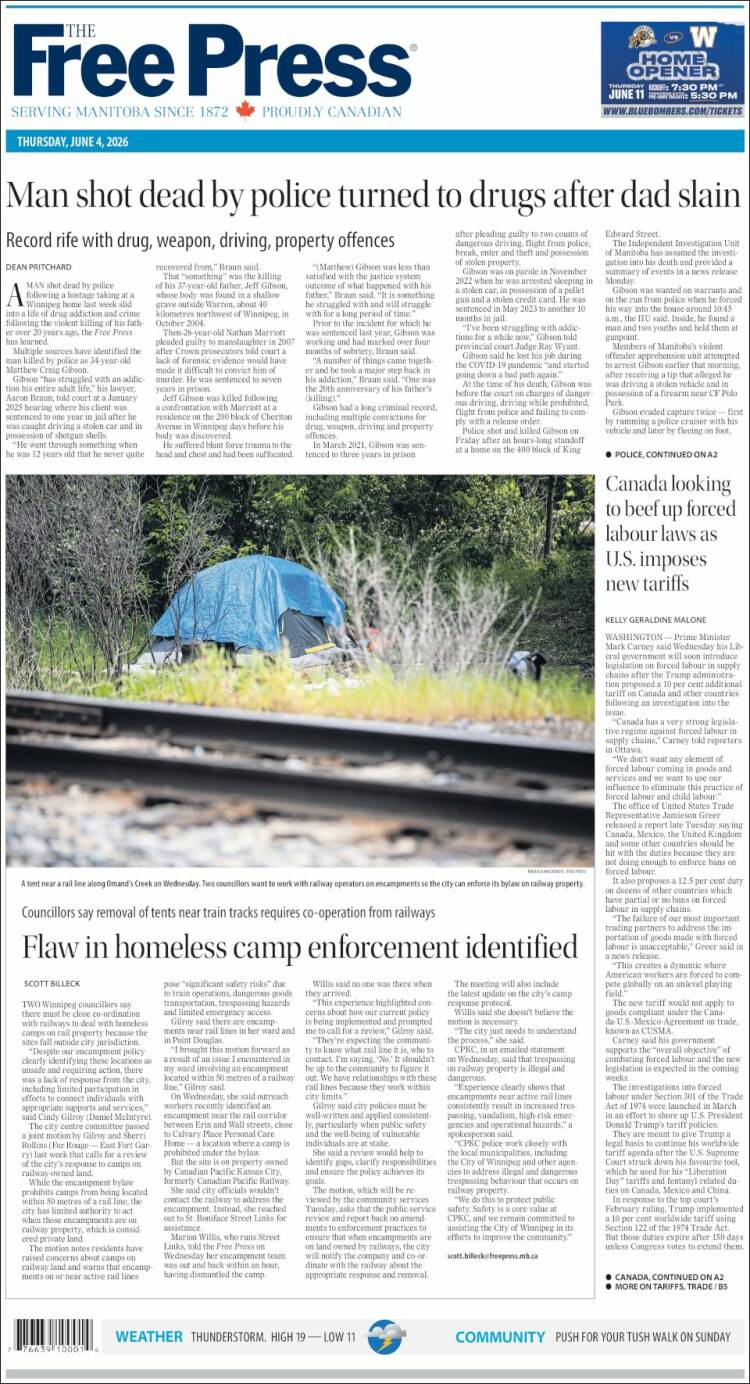 Portada de Winnipeg Free Press (Canad&aacute;)