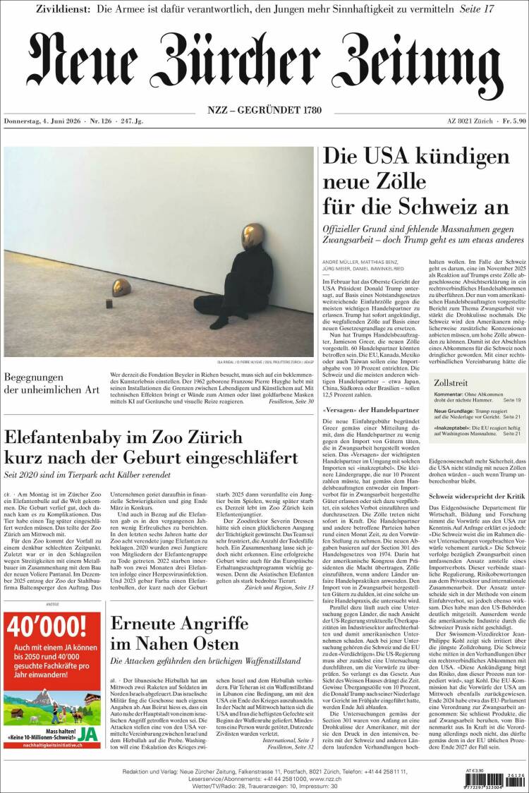 Portada de Neue Zürcher Zeitung (Suiza)
