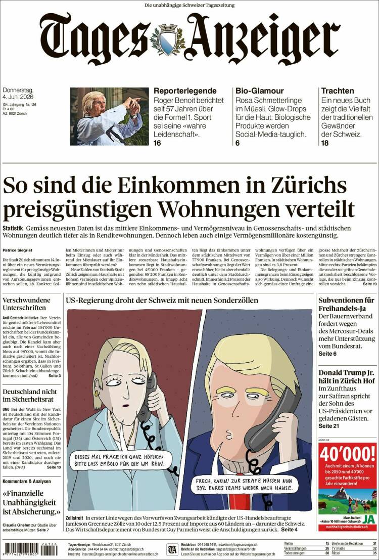 Portada de Tages-Anzeiger (Suiza)