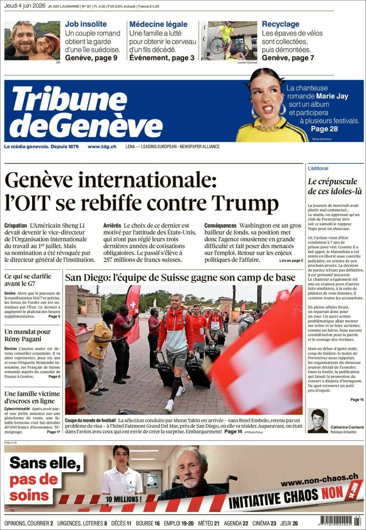 Portada de La Tribune de Genève (Suiza)