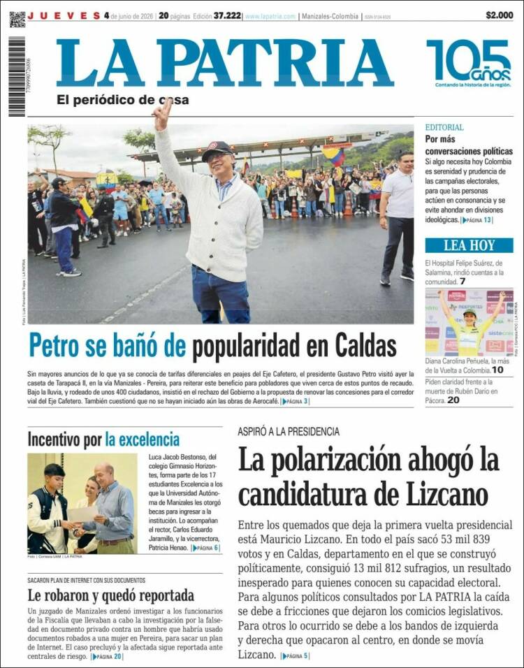 Portada de La Patria (Colombia)