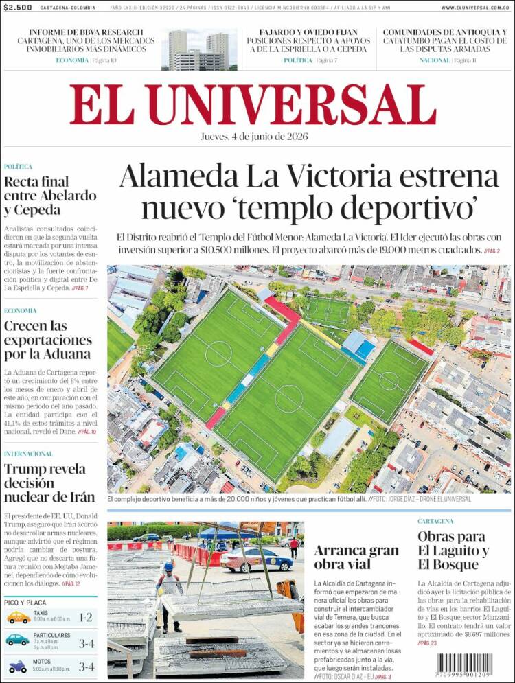 Portada de El Universal (Colombia)