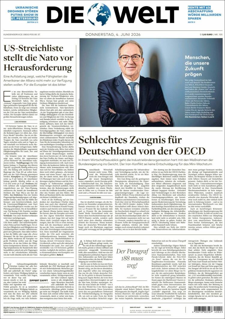 Portada de Die Welt (Alemania)