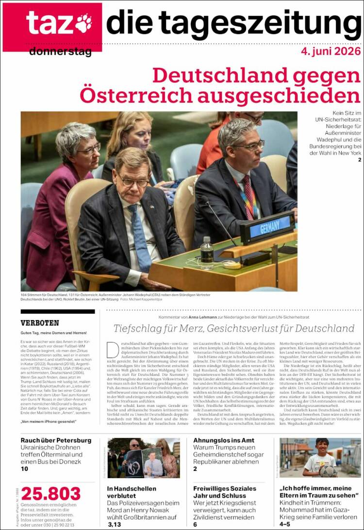 Portada de Die Tageszeitung (Alemania)