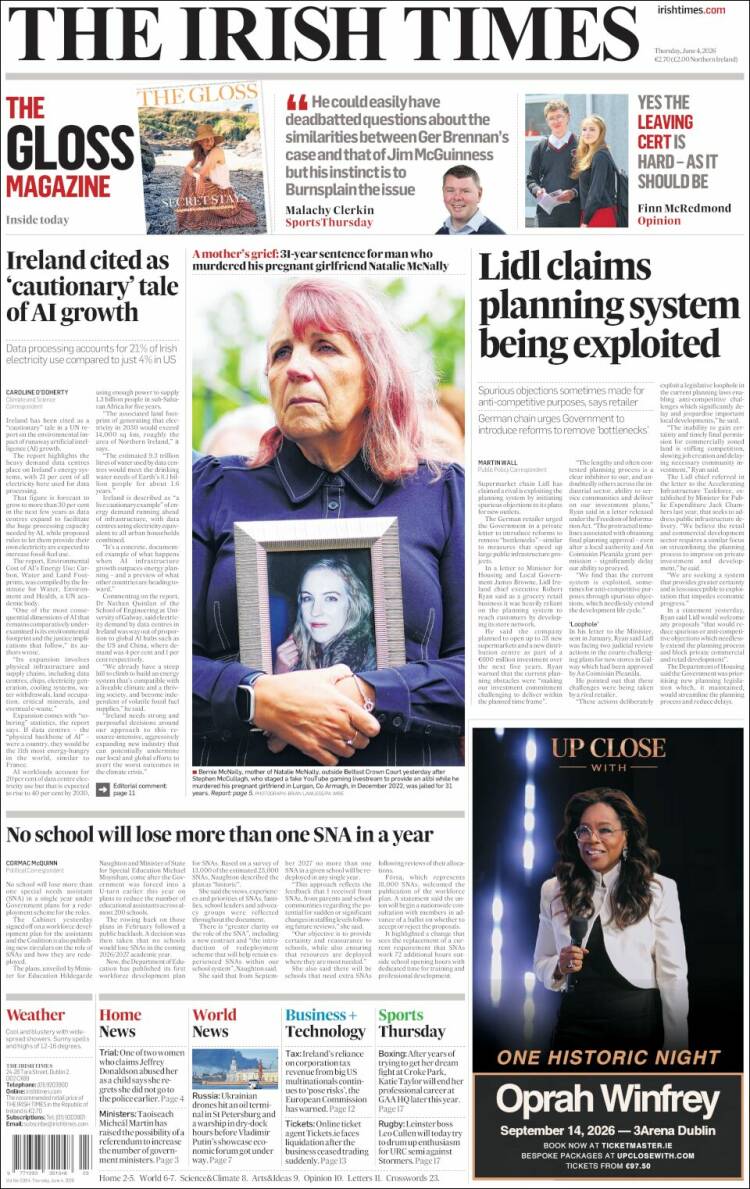 Portada de Irish Times (Irlanda)