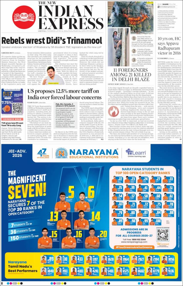 Portada de New Indian Express (India)