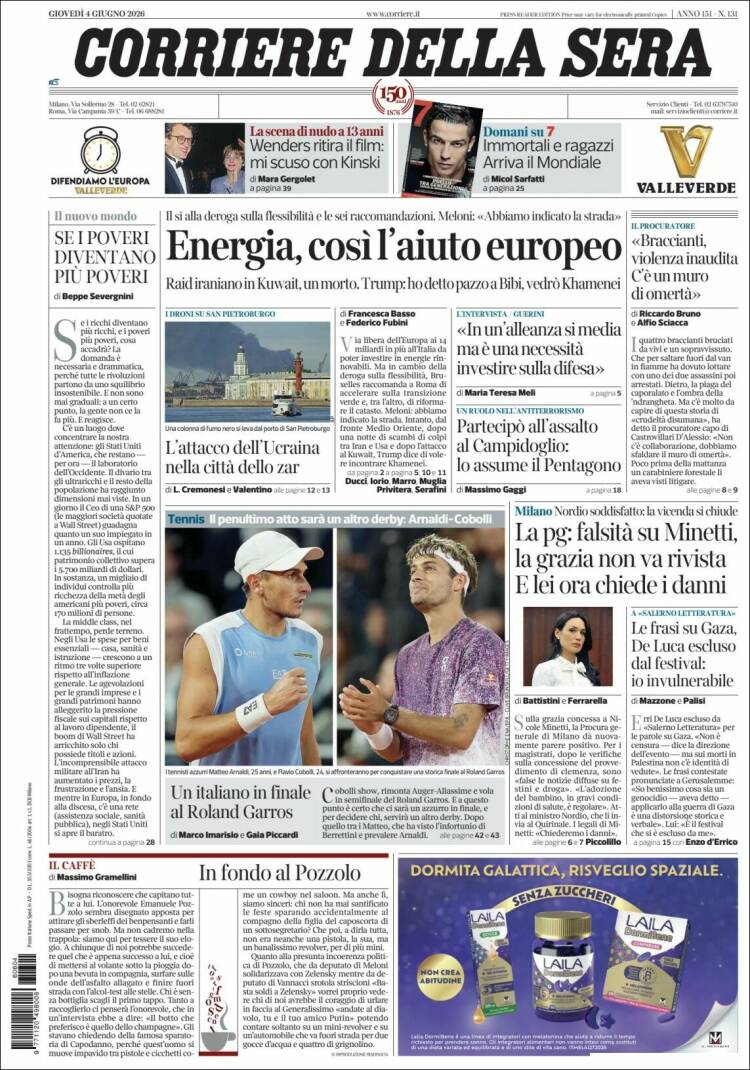 Portada de Corriere della Sera (Italia)