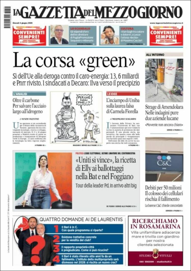 Portada de La Gazzetta del Mezzogiorno (Italia)