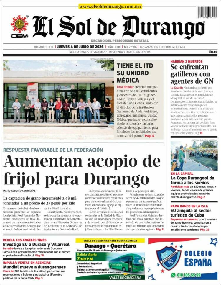 Portada de El Sol de Durango (M&eacute;xico)