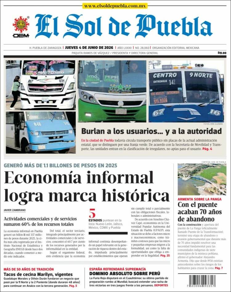 Portada de El Sol de Puebla (M&eacute;xico)
