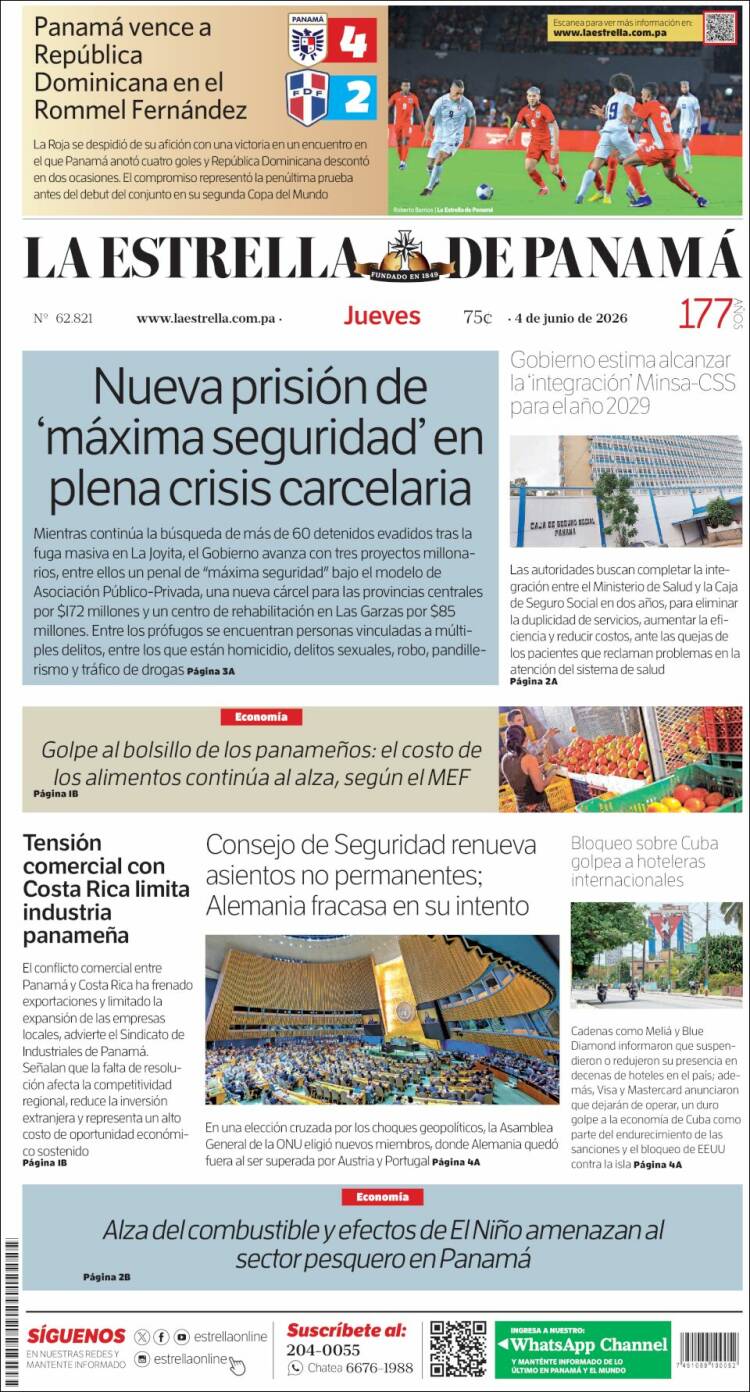 Portada de La Estrella de Panamá (Panam&aacute;)