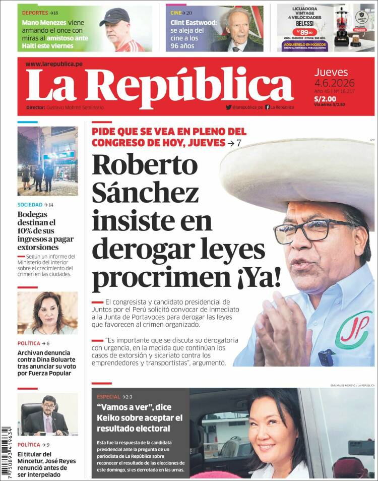 Portada de La Republica (Per&uacute;)