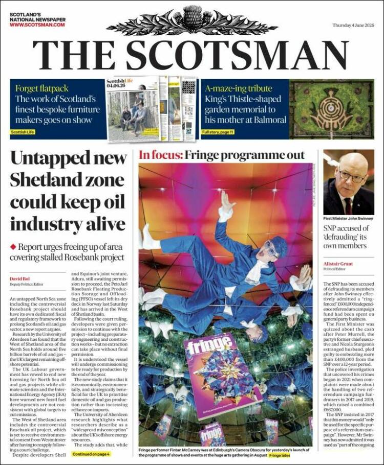 Portada de The Scotsman (Reino Unido)