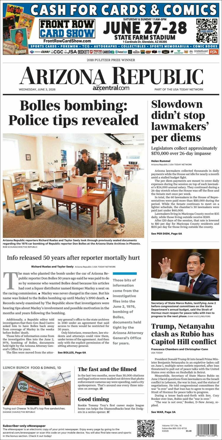 Portada de Arizona Republic News (USA)