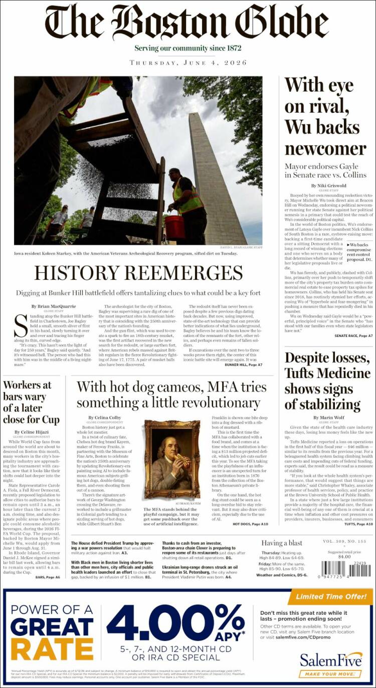 Portada de Boston Globe (USA)