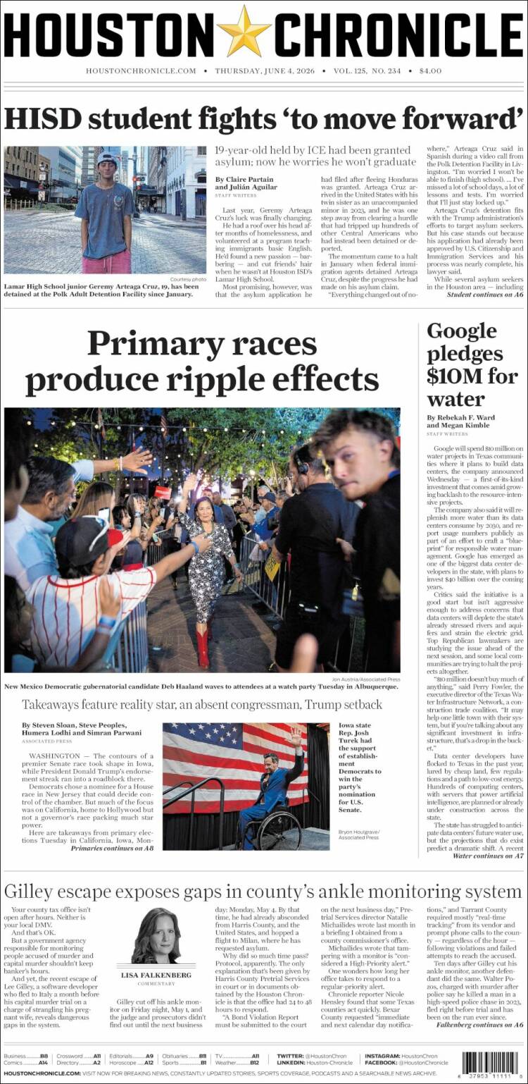 Portada de Houston Chronicle (USA)