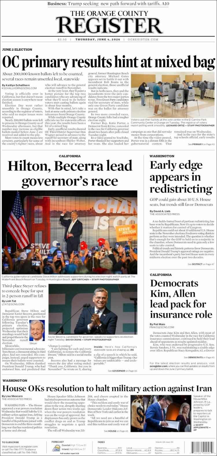 Portada de The Orange County Register (USA)