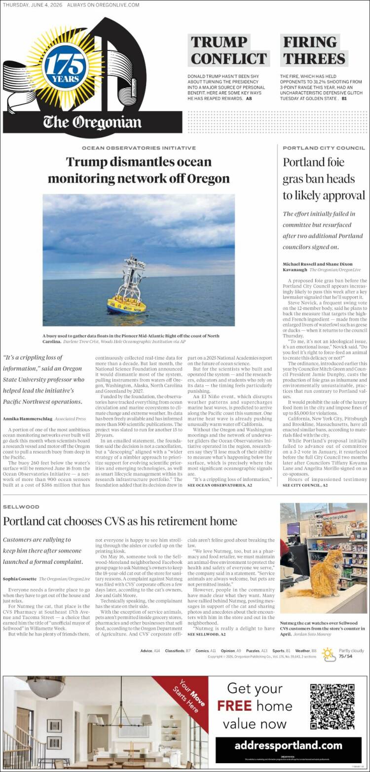 Portada de The Oregonian (USA)