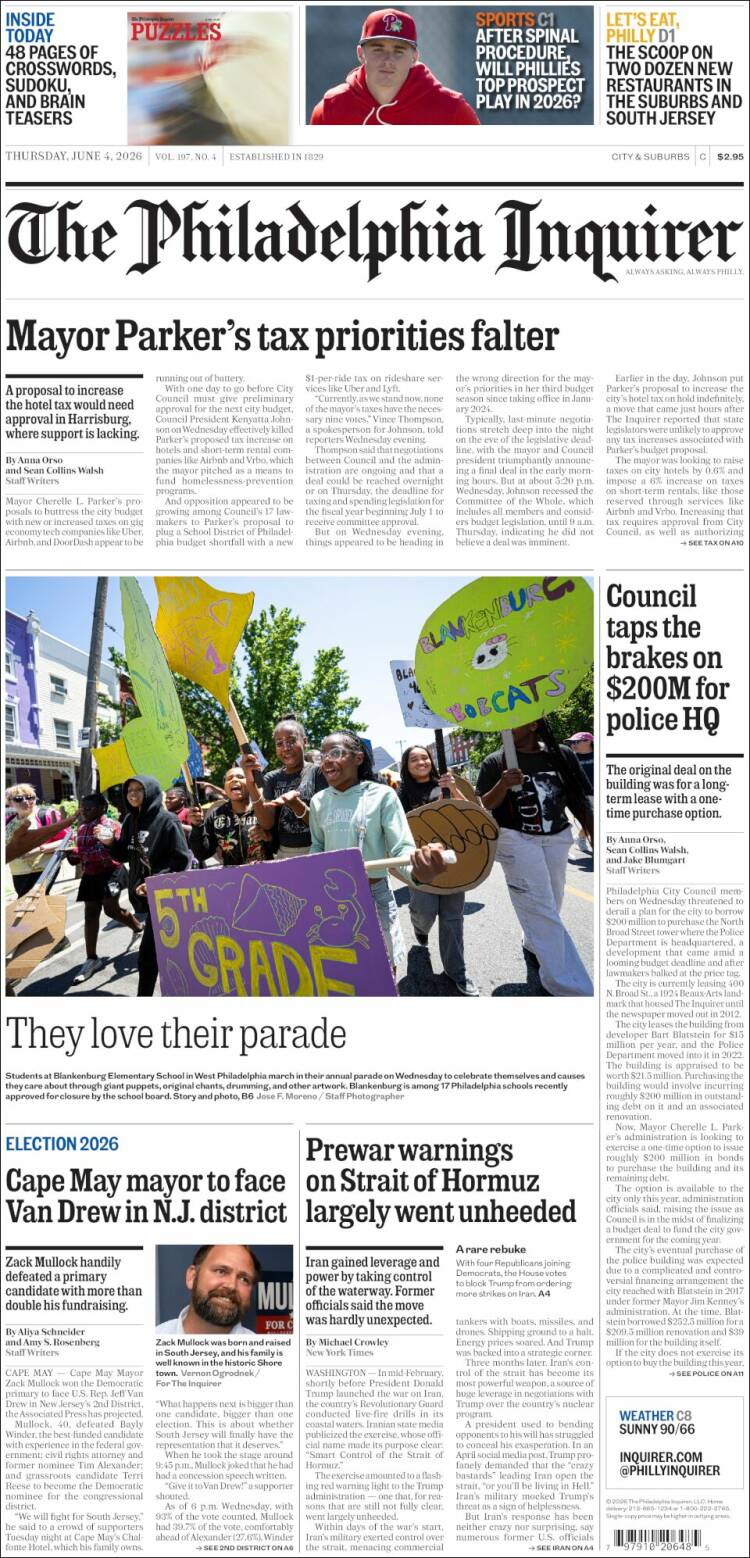 Portada de Philadelphia Inquirer (USA)