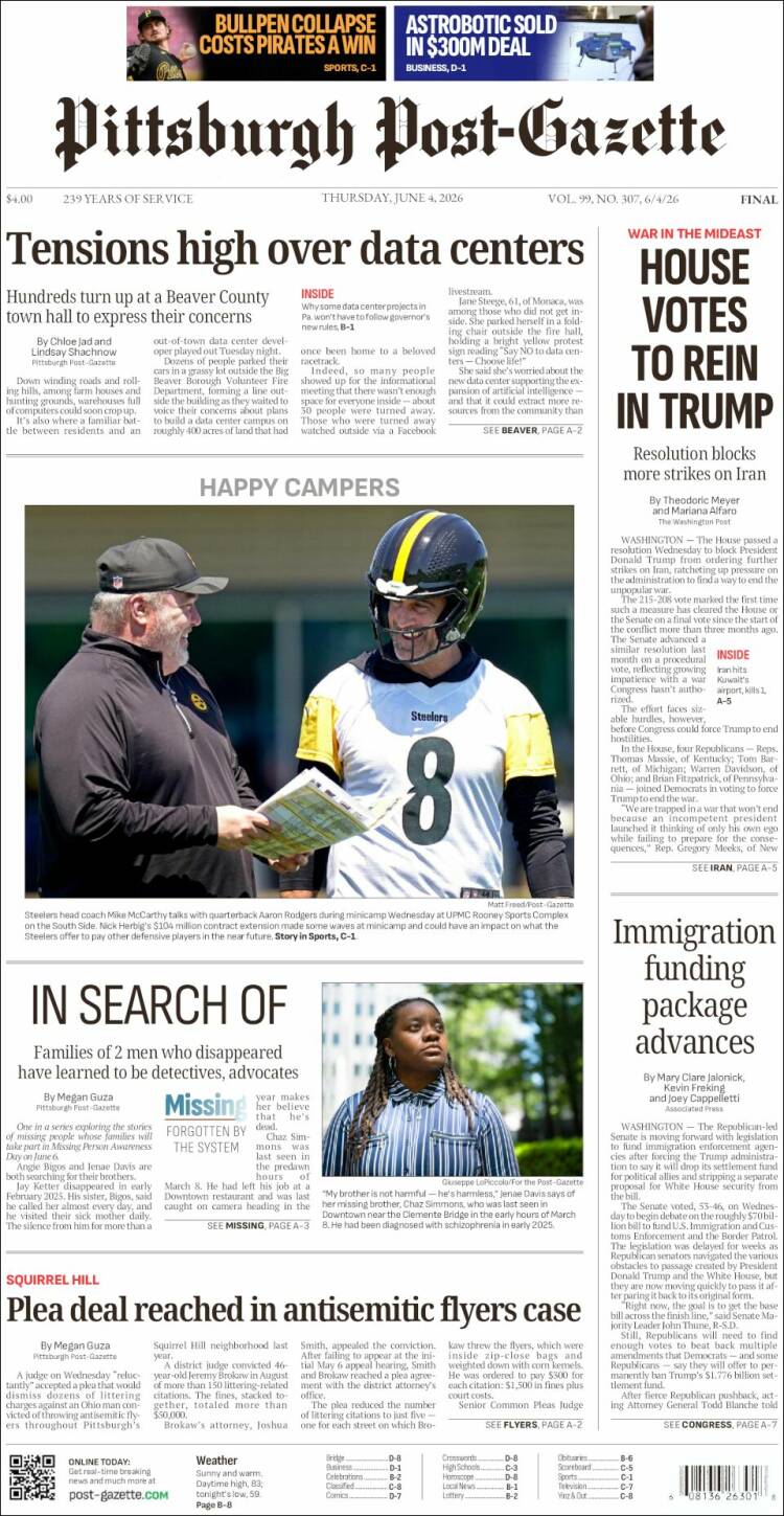 Portada de Pittsburgh Post-Gazette (USA)