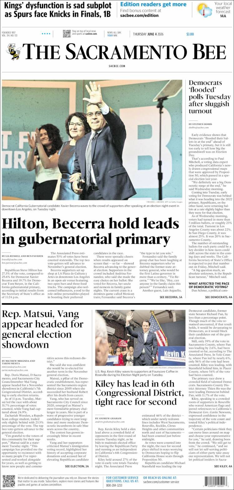 Portada de The Sacramento Bee (USA)