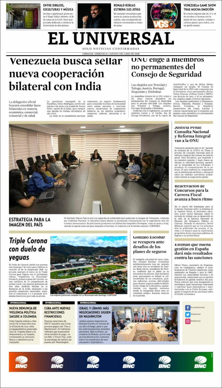 Portada de Universal (Venezuela)