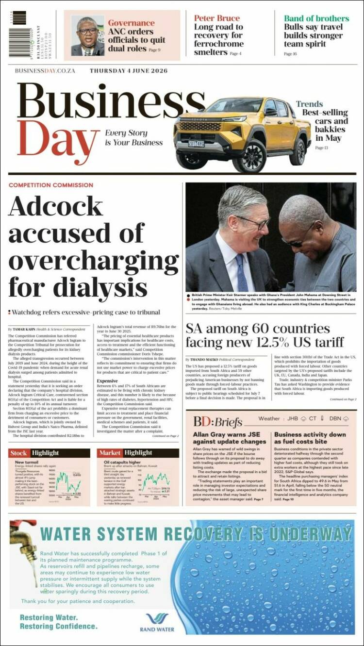Portada de Business Day (Sud&aacute;frica)