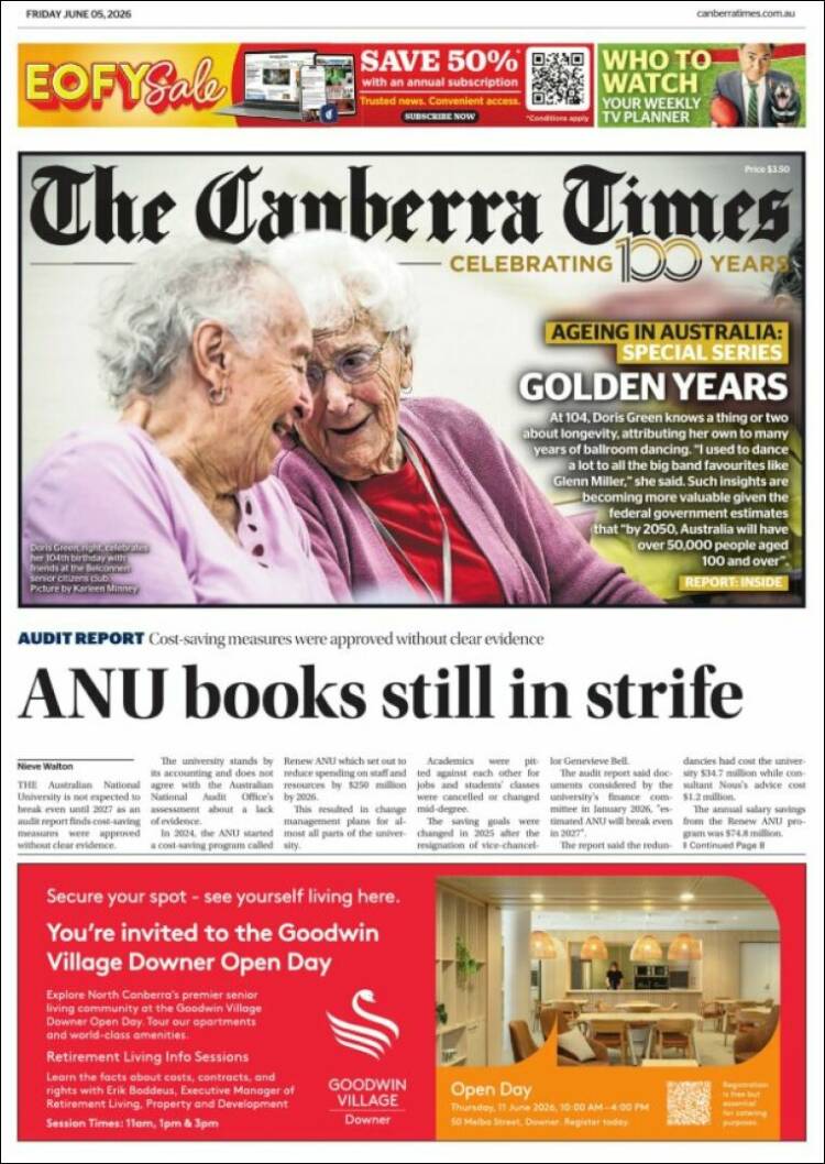 Portada de The Canberra Times (Australia)