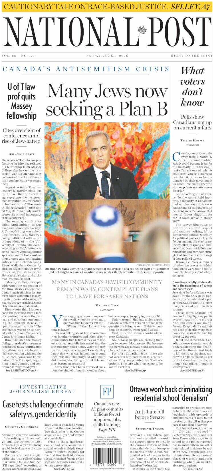 Portada de The National Post (Canad&aacute;)