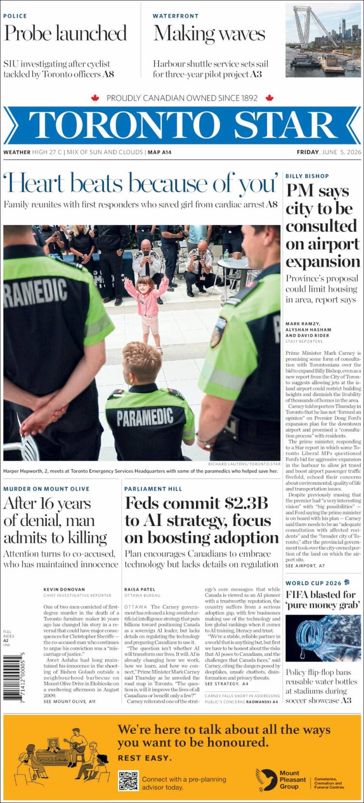 Portada de The Toronto Star (Canad&aacute;)