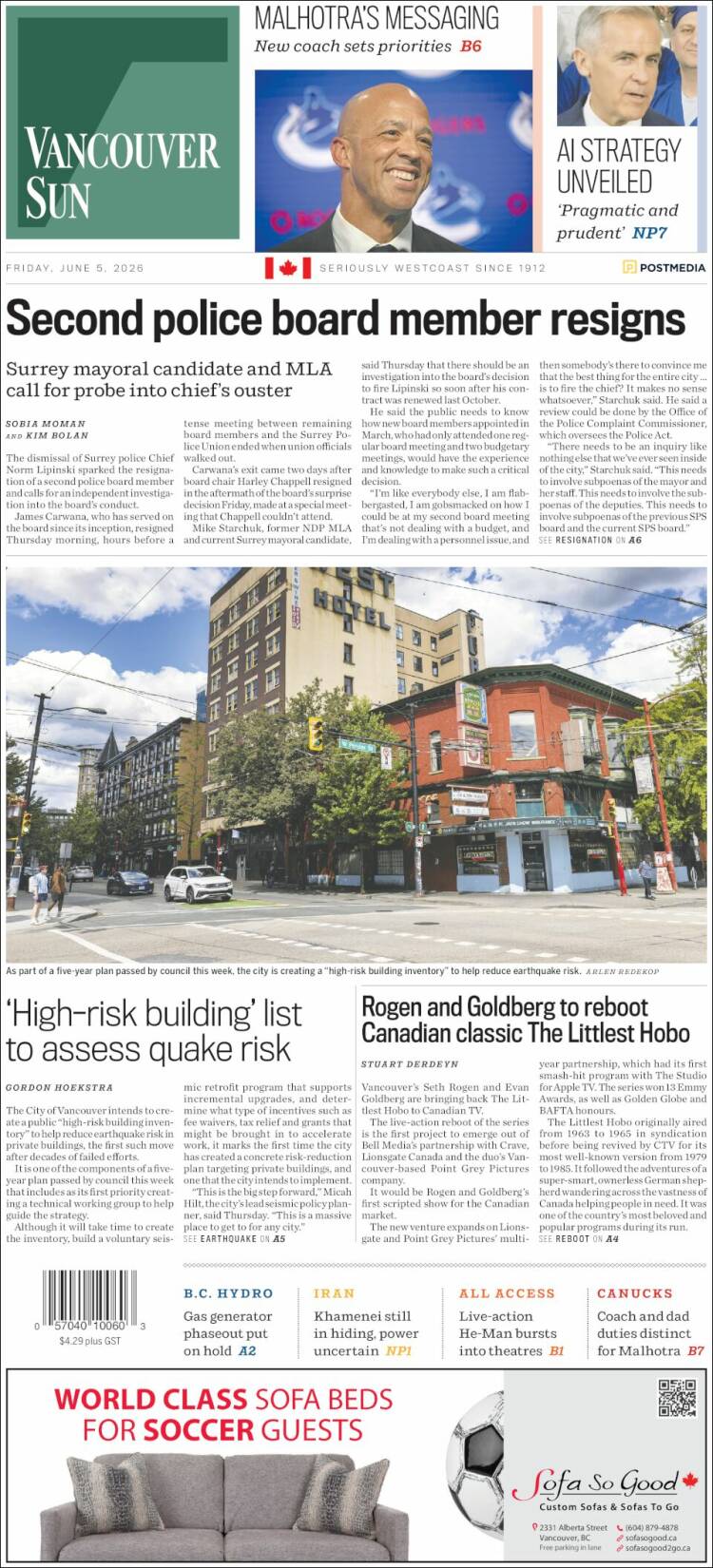 Portada de The Vancouver Sun (Canad&aacute;)