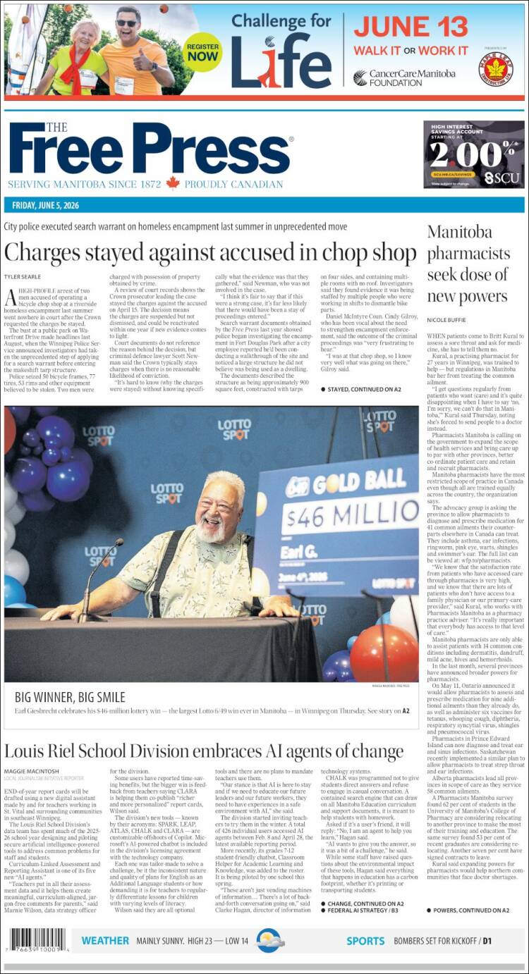 Portada de Winnipeg Free Press (Canad&aacute;)