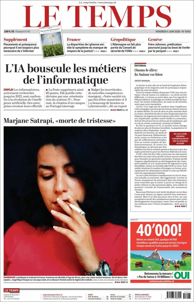Portada de Le Matin (Suiza)