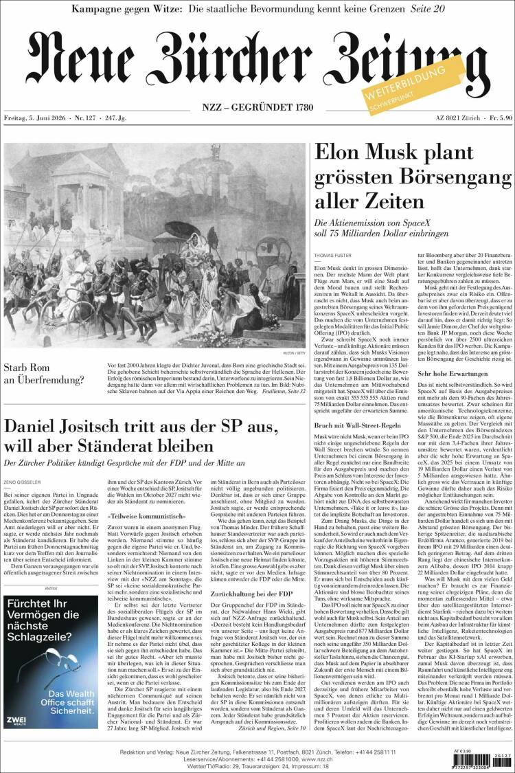 Portada de Neue Zürcher Zeitung (Suiza)