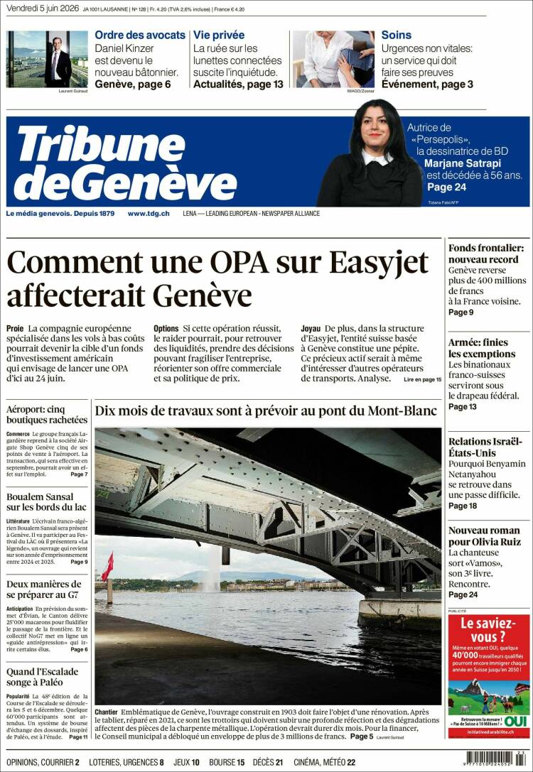 Portada de La Tribune de Genève (Suiza)